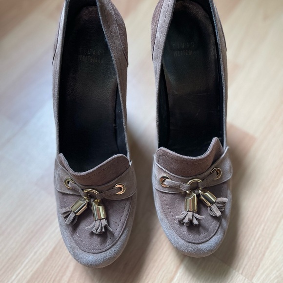 STUART WEITZMAN TASSUP SUEDE STACKED HEEL PLATFORM TASSELED LOAFER IN HAZE Sz8.5 - Picture 5 of 10